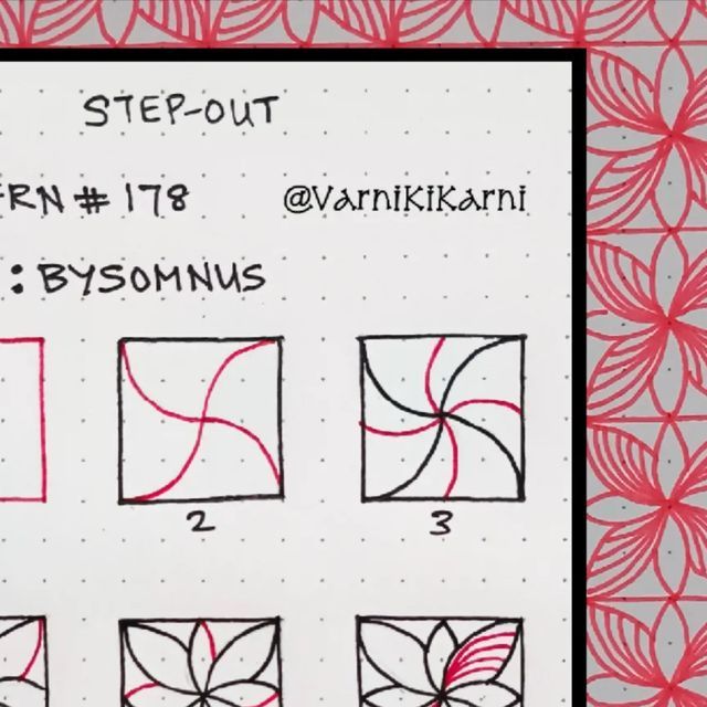 the instructions for how to draw an origami flower in red and black ink