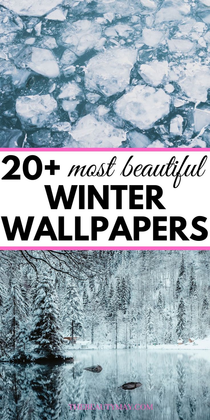 the words 20 most beautiful winter wallpapers on top of an image of snow covered trees