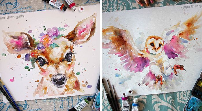 two paintings of an owl and a deer with watercolors on paper next to paintbrushes