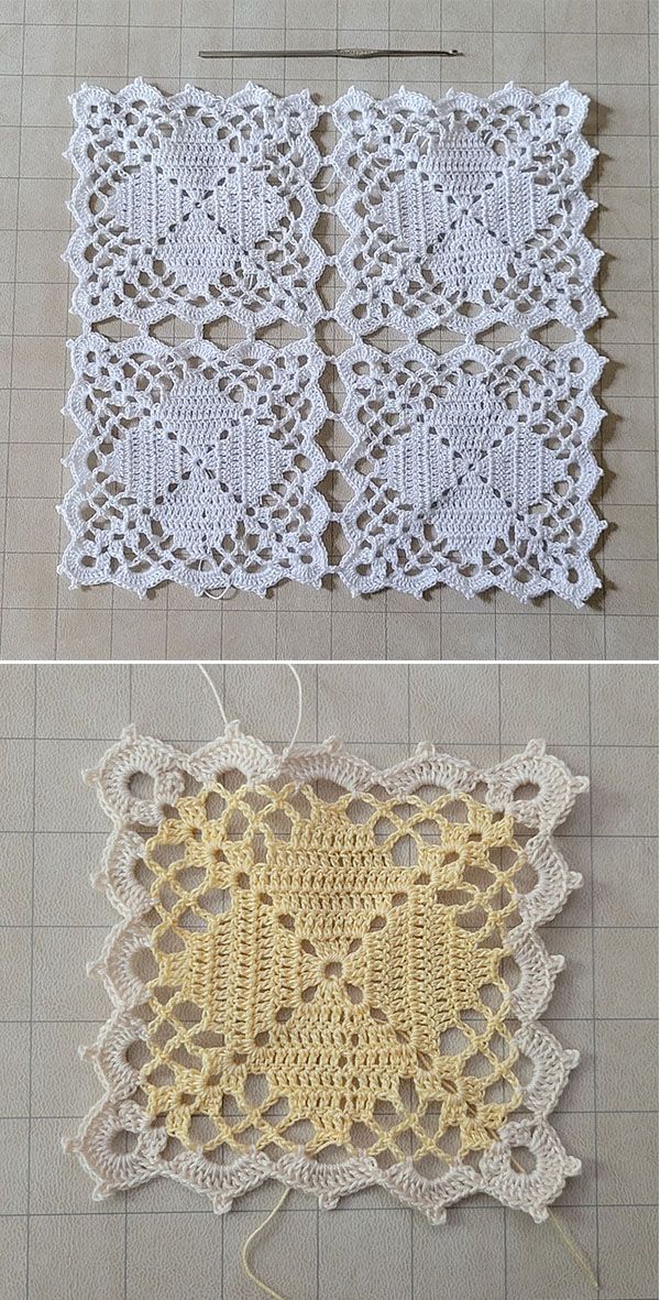 crocheted doily is shown on the floor and next to it is an image of