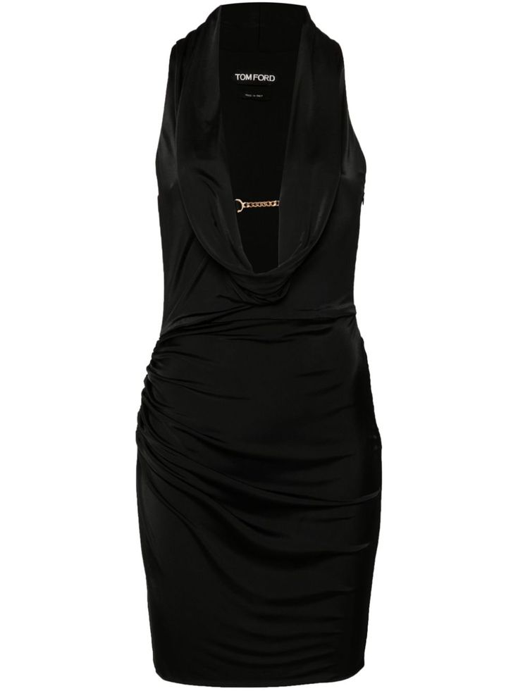 black stretch-design draped detailing chain-link detailing cowl neck sleeveless racerback full lining straight hem concealed side zip fastening Black Cowl Neck Dress, Tom Ford Dress, Cowl Neck Dress, Purple Mini Dresses, City Dress, Mini Dress Black, Mini Cocktail Dress, Turtle Neck Dress, Summer Beach Wear