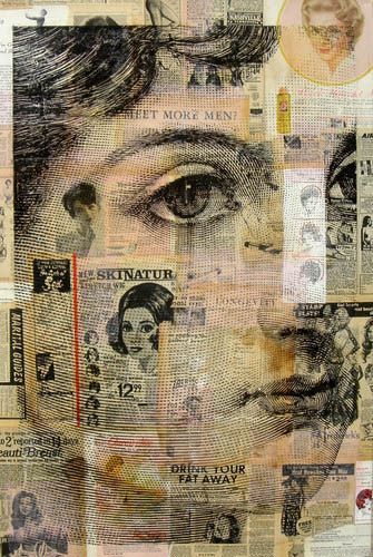 an altered photograph of a woman's face surrounded by newspaper clippings and photos