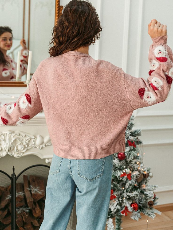 New Christmas Sweater | Women's Pullover Christmas Bestseller Sweater Dusty Pink Style, Pink Santa Claus, Christmas Patchwork, Batwing Sleeve Sweater, Beach Holiday Dresses, Pink Santa, Winter Knit Sweater, Cover Beachwear, Knitted Bodycon Dress