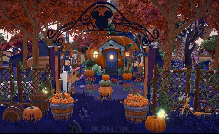 an animated halloween scene with pumpkins and jack - o'- lanterns in the yard