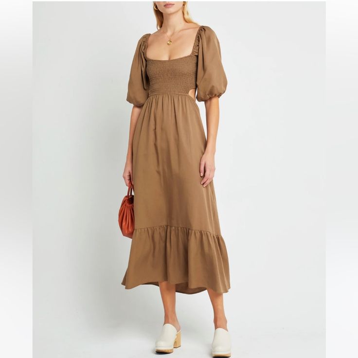 A Light And Flowy Dress For Every Occasion. Cutout Back Detail Midi Length 90% Tencel, 10% Linen Hand Wash Imported Brown Short Sleeve Midi Dress For Date Night, Brown Midi Length Dress For Date Night, Brown Square Neck Dress For Date Night, Chic Taupe Dresses For Day Out, Chic Brown Dress With Square Neckline, Chic Brown Square Neck Dress, Spring Midi Dress With Square Neck In Brown, Chic Taupe Dress For Summer, Brown Midi Length Vacation Dresses