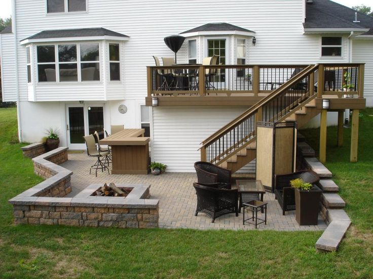 an outdoor patio with fire pit and seating area