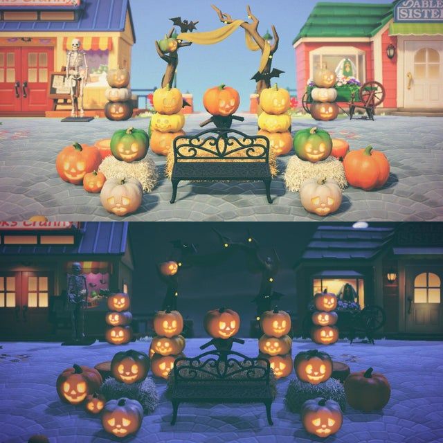 there are many pumpkins on the ground in front of a bench and some buildings