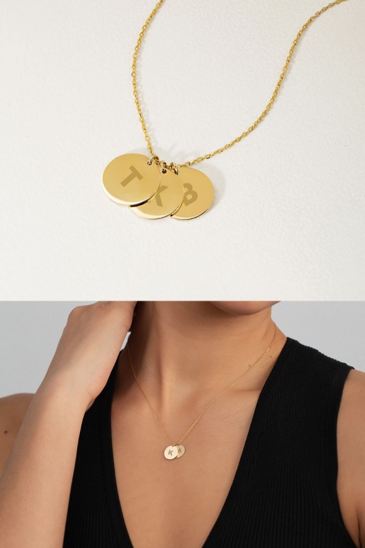 A stillife and a model photo of Gelin Diamond 14K Gold Disc Initial Necklace. Gold Disc, 14k Gold Necklace, Gold Necklaces, Initial Necklace, Timeless Beauty, Elevate Your Style, Initials, Gold Necklace, Wear It