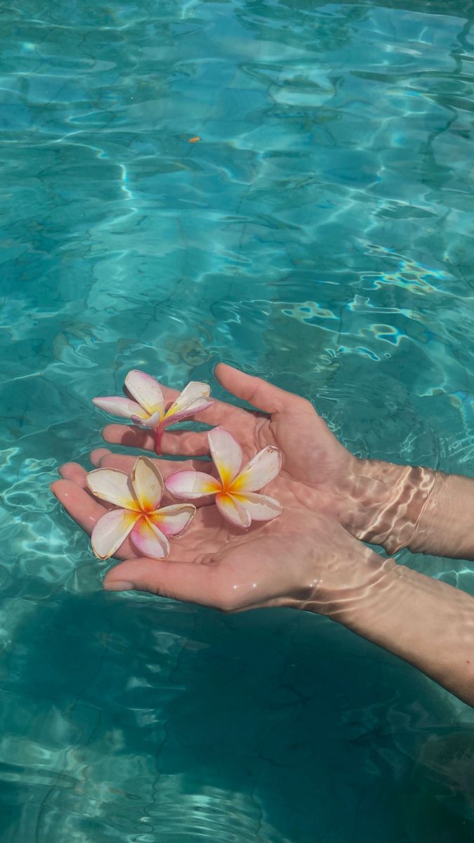 a person's hand holding flowers in the water near a swimming pool with clear blue water