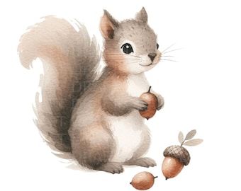 a painting of a squirrel holding an acorn in its paws and looking at the viewer