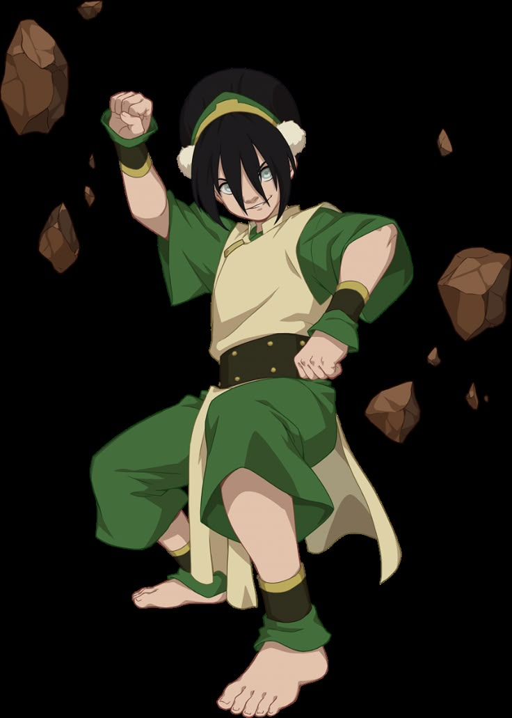 an anime character with black hair and green clothes, kicking rocks up in the air