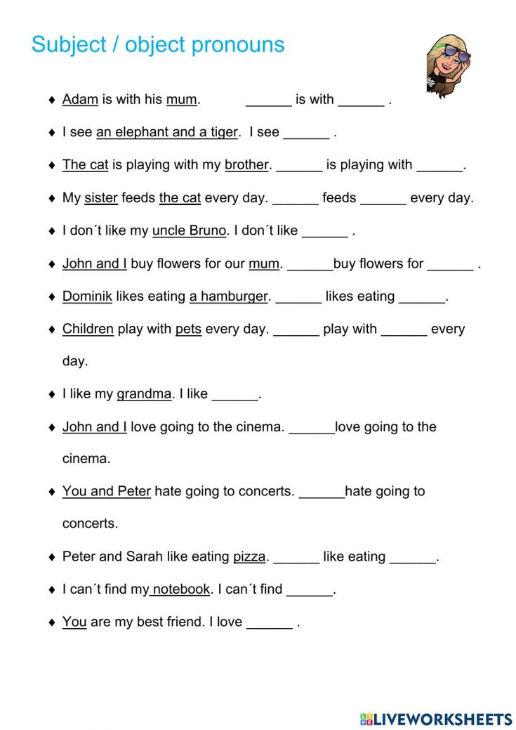 the subject / object pronouns worksheet is shown in this image