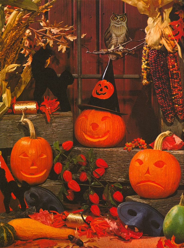 pumpkins and other halloween decorations on display