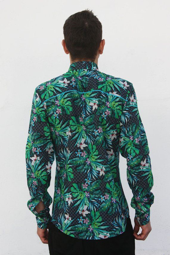 Mens tropical shirts, light cotton cambric. Long sleeve Hawaiian shirts, made out of printed light cotton cambric.Tropical floral pattern, on grey rice grain pattern background. Grey rice grain pattern for shoulders and collar lining. Blue Piping.Green translucent button. Slim fit dress shirt. Digital printed pattern. 100% light cotton cambric.S :Chest : 40 ¼ " / 102 cm Waist : 35 ¾ " / 91 cmBuild : 17 ¼ "  / 44 cmBack height : 29 ½ " / 74 cmSleeves length : : 26 ¾ " / 68 cmArm circumference : 1 Green Cotton Hawaiian Shirt, Tropical Print Cotton Shirt, Cotton Tropical Print Shirt, Patterned Cotton Shirt With Tropical Print, Green Hawaiian Shirt With All Over Print, Tropical Patterned Cotton Shirt, Green Cotton Shirt With Tropical Print, Green Tropical Printed Shirt, Tropical Printed Cotton Shirt