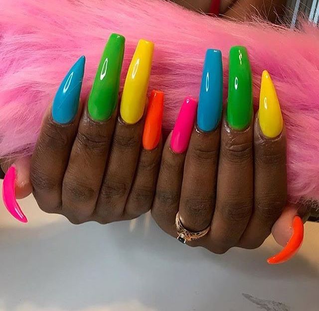 Neon Rainbow Nails, Rainbow Acrylic Nails, Multicolored Nails, Neon Rainbow, Summer Acrylic Nails, Rainbow Nails, Neon Nails, Unique Nails, Coffin Nails Designs