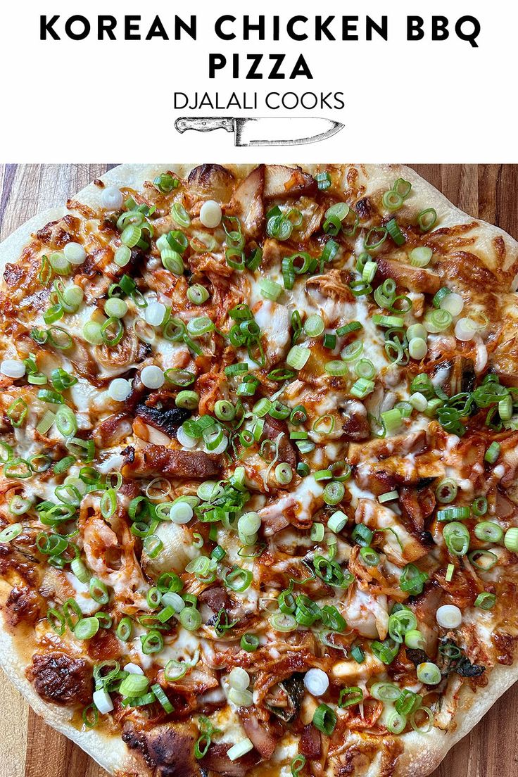 the korean chicken bbq pizza is ready to be eaten