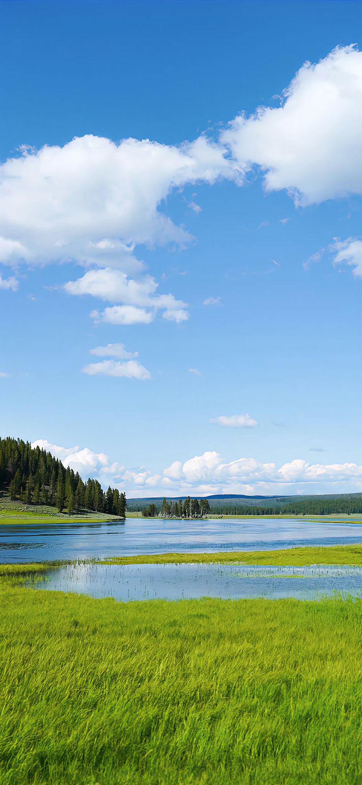 a large body of water surrounded by lush green grass