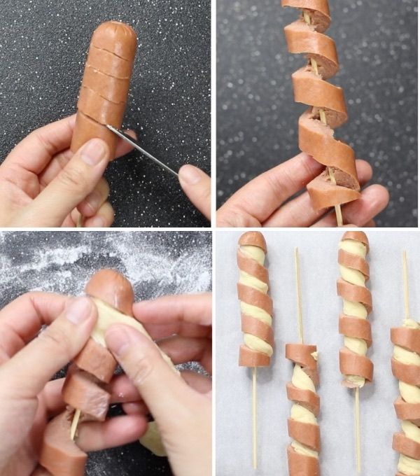 four pictures showing how to make hot dogs on skewers with marshmallows