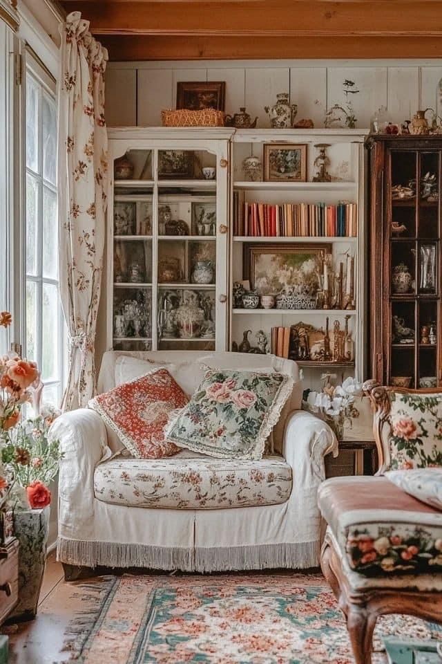 a living room filled with lots of furniture and flowers in vases on the windowsill