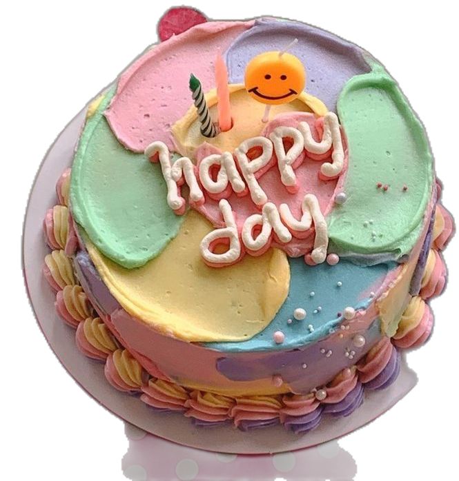 a colorful birthday cake with the words happy joy on it's icing and decorations