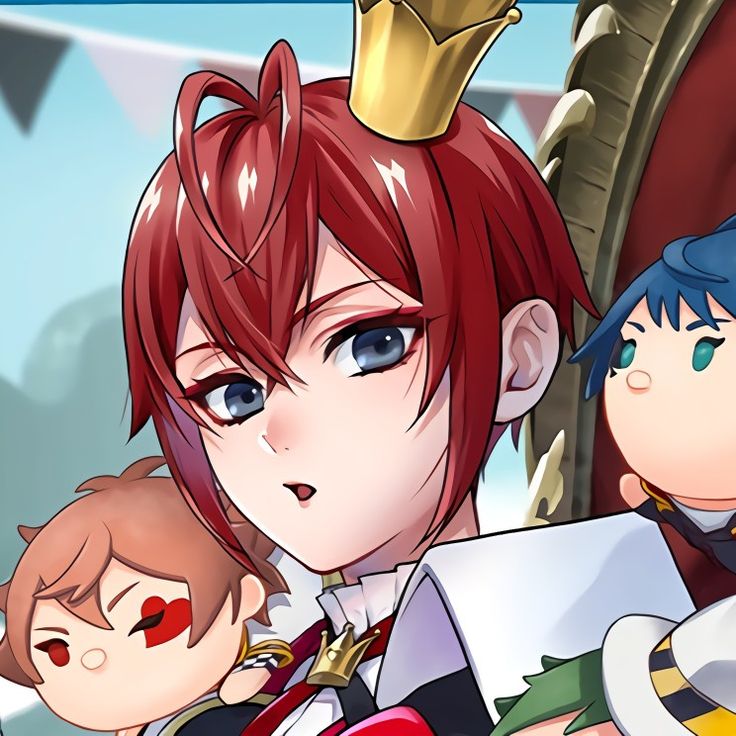 two anime characters with red hair and blue eyes, one wearing a gold crown while the other wears a white shirt