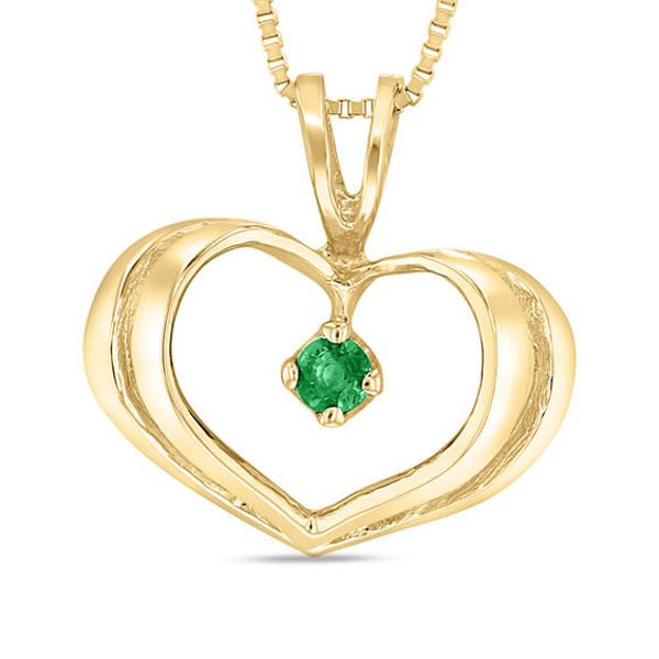 The May birthday girl will adore the keepsake significance attached to this delightful gemstone heart pendant. Crafted in warm 14K gold, this sweetheart style highlights a petite verdant-green emerald solitaire shimmering inside a sculpted ribbon heart. A textured stripe adds detail to the frame, while a dainty "V"-split bail completes the look. Simply charming with a brilliant buffed luster, this darling drop suspends along an 18.0-inch box chain that secures with a spring-ring clasp. Heart Cut Emerald Jewelry For May Birthstone, Heart Cut Birthstone Jewelry For Keepsake, Keepsake Heart Cut Birthstone Jewelry, Heart-shaped Emerald Jewelry With Birthstone, Heart-shaped Emerald Birthstone Jewelry, Heart-shaped Emerald Jewelry For May Birthstone, Heart Cut Emerald Necklaces For May Birthstone, Gold Emerald Heart Pendant Jewelry, Heart Cut Emerald Necklace For May Birthstone