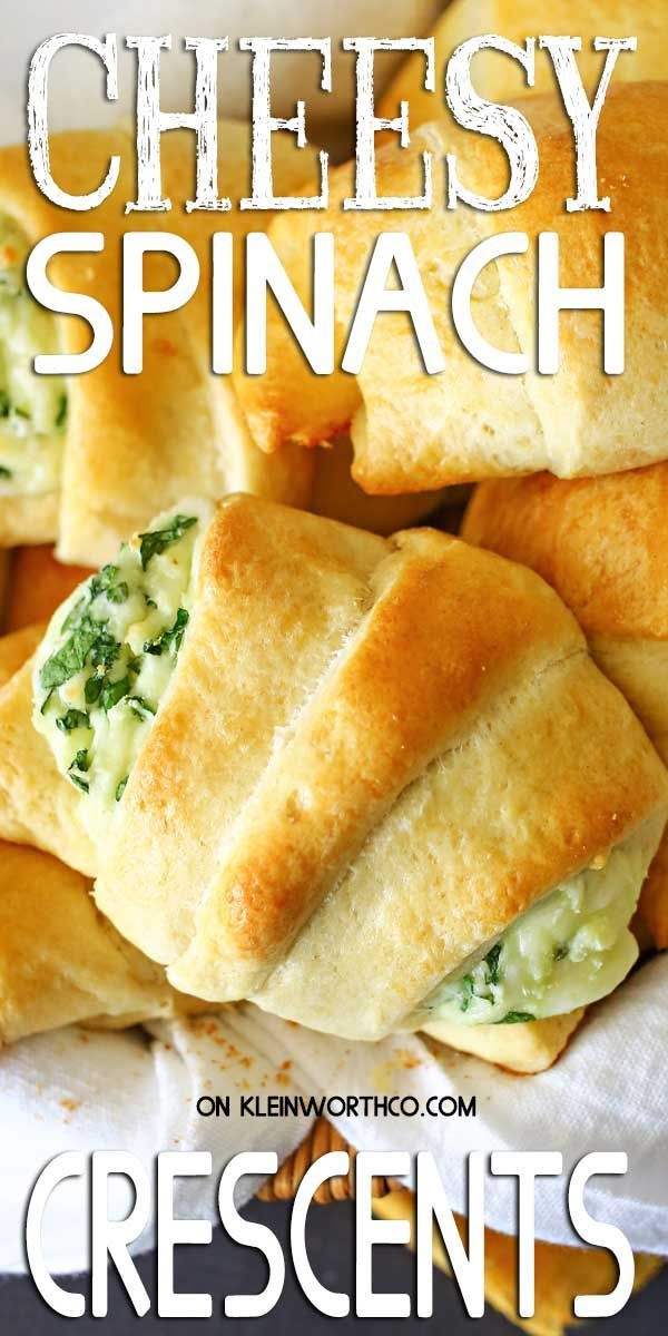 cheesy spinach crescent pastries on a white plate with text overlay