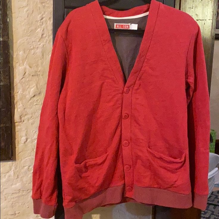 Never Worn, Washed Once. 100% Cotton, Sweatshirt Like Material. Casual Red V-neck Cardigan, Red V-neck Cotton Outerwear, Red Crew Neck Cotton Cardigan, Red Cotton Crew Neck Cardigan, Red Cotton V-neck Cardigan, Casual Red Cardigan With Pockets, Classic Red Cotton Cardigan, Red V-neck Cardigan With Pockets, Red V-neck Casual Outerwear