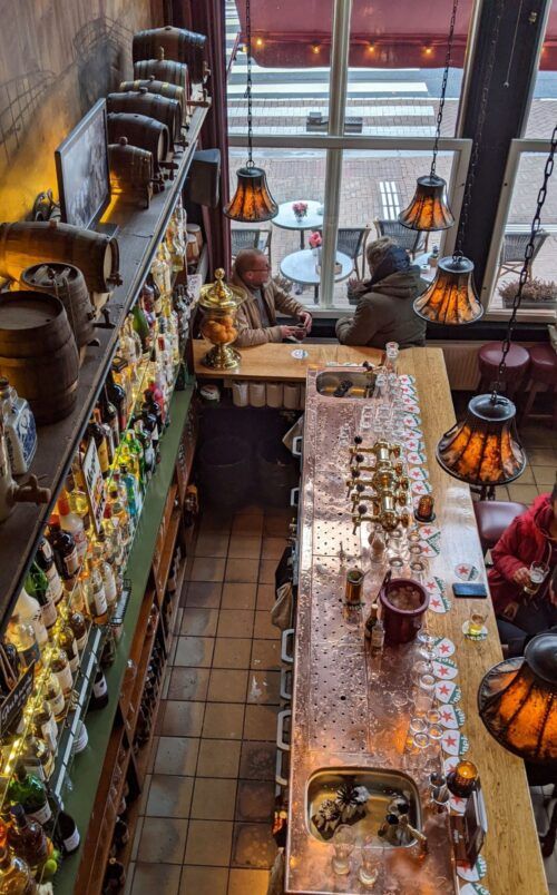 the inside of a restaurant with lots of food