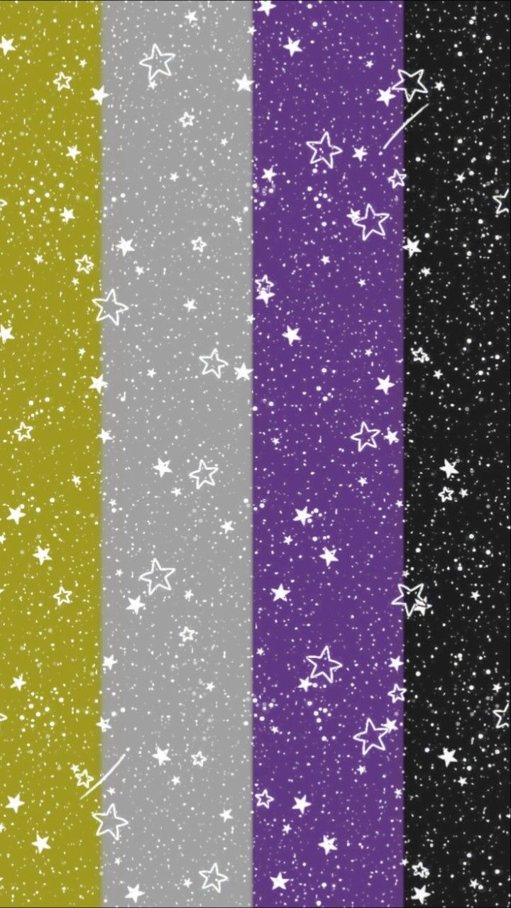 four different colors of stars on black, white and purple fabric with space in the background