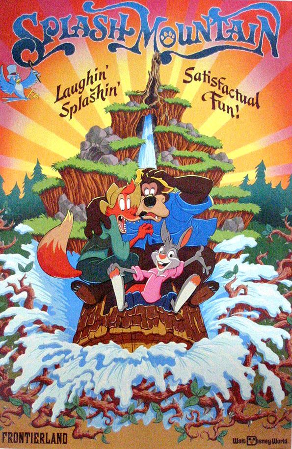 an advertisement for the disney movie's splash mountain, featuring two cartoon characters on a boat