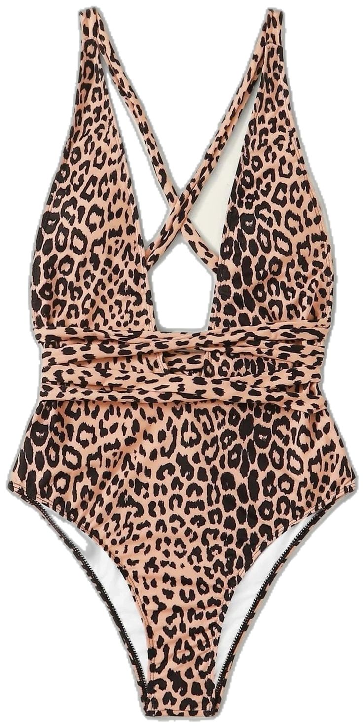 Leopard Print Plunge One Piece Swimsuit Monokini Summer Backless One-piece With Lined Body, Summer Backless One Piece With Lined Body, Chic Lined Bodysuit For Vacation, Chic V-neck One Piece For Vacation, Chic Bodysuit With Lined Body For Vacation, Chic Triangle Top Tankini For Swimming, Summer Vacation Cross-back Tankini, Stretch Beachwear For Summer Parties, Fitted Backless One-piece For Vacation