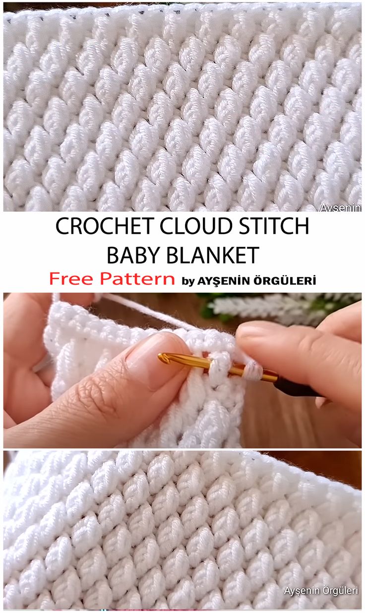 the crochet cloud stitch baby blanket is shown in three different pictures, with text overlay