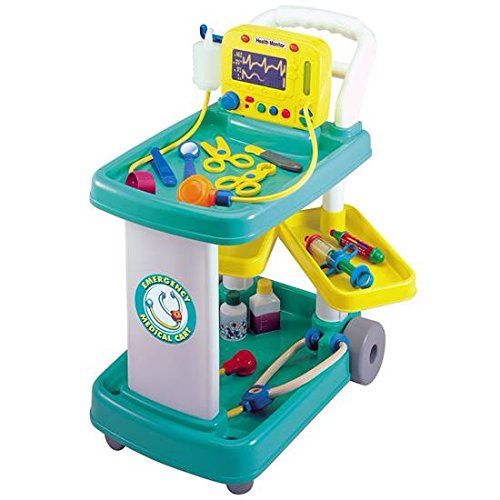 a child's toy hospital cart with toys on it