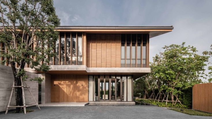 a modern house with wood and glass on the outside