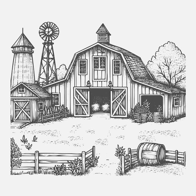 an old barn with windmills and other farm buildings in the background, drawn by hand