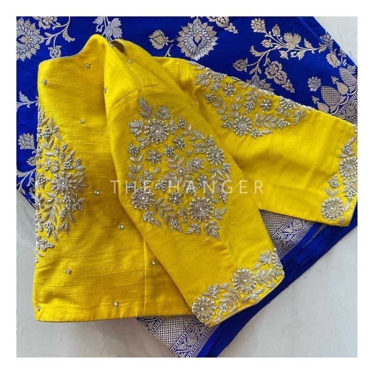 Yellow Embroidered Blouse, Kanchipattu Blouse Works, Yellow Pattu Blouse Work Designs, Kanchipattu Blouse Designs, Yellow Saree Blue Blouse Maggam Work, Blue Saree With Yellow Blouse, Pattu Blouse Maggam Work, Yellow Blouse Design Silk, Yellow Work Blouse Designs