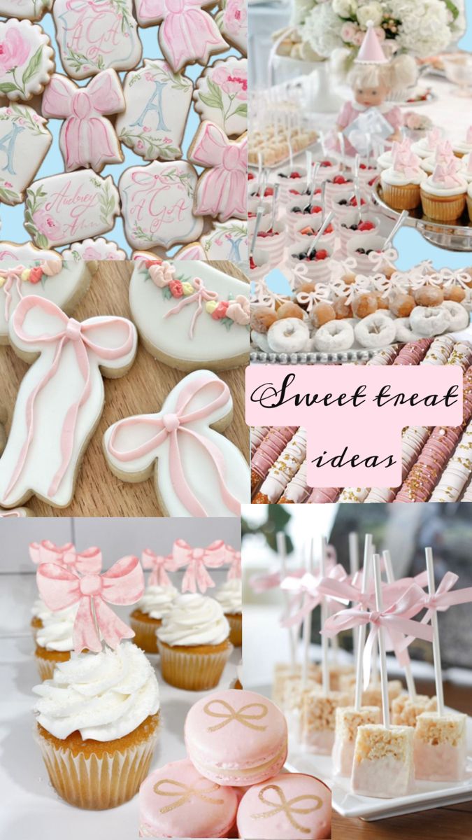 a collage of pink and white desserts, cupcakes, cookies and more