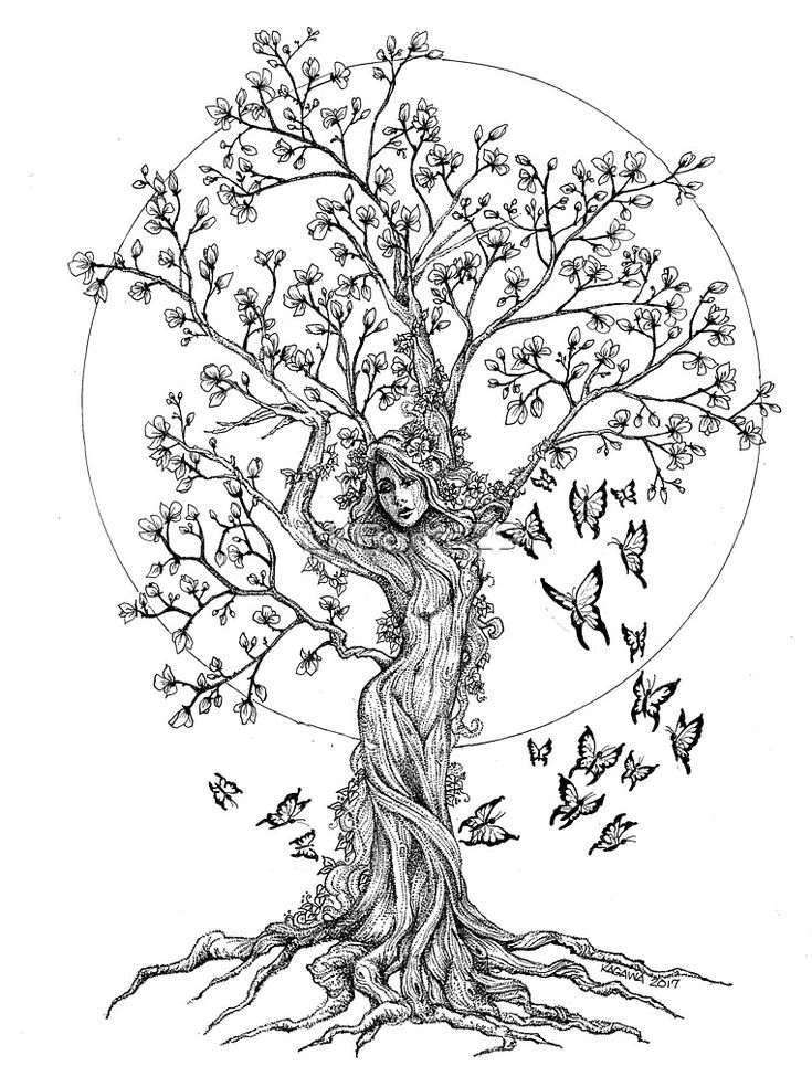 a drawing of a tree with birds flying around it