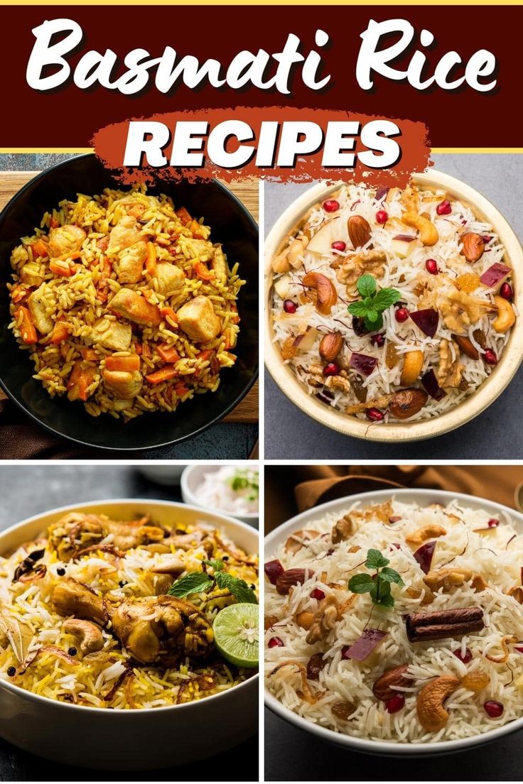 different types of basmati rice are shown in this collage with the words basmati rice recipes