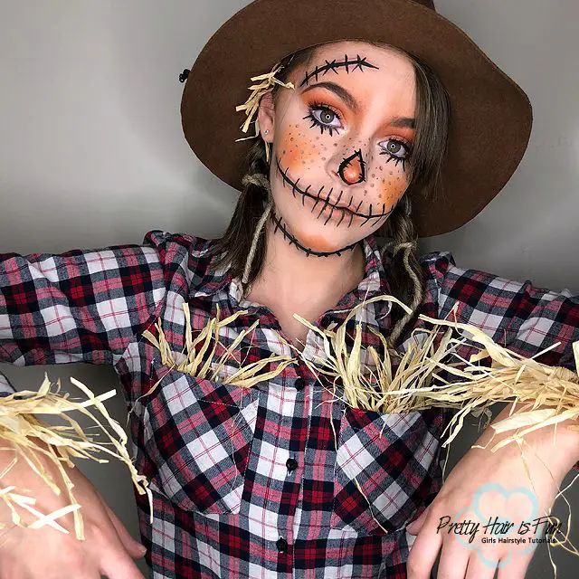 25 Scarecrow Makeup Ideas: Cute and Easy Halloween Looks for Women and Kids Diy Scarecrow Costume, Scarecrow Halloween Makeup, Halloween Costumes Scarecrow, Scarecrow Makeup, Halloweenský Makeup, Scarecrow Halloween, Scarecrow Costume, Cute Halloween Makeup, Halloween Makeup Diy