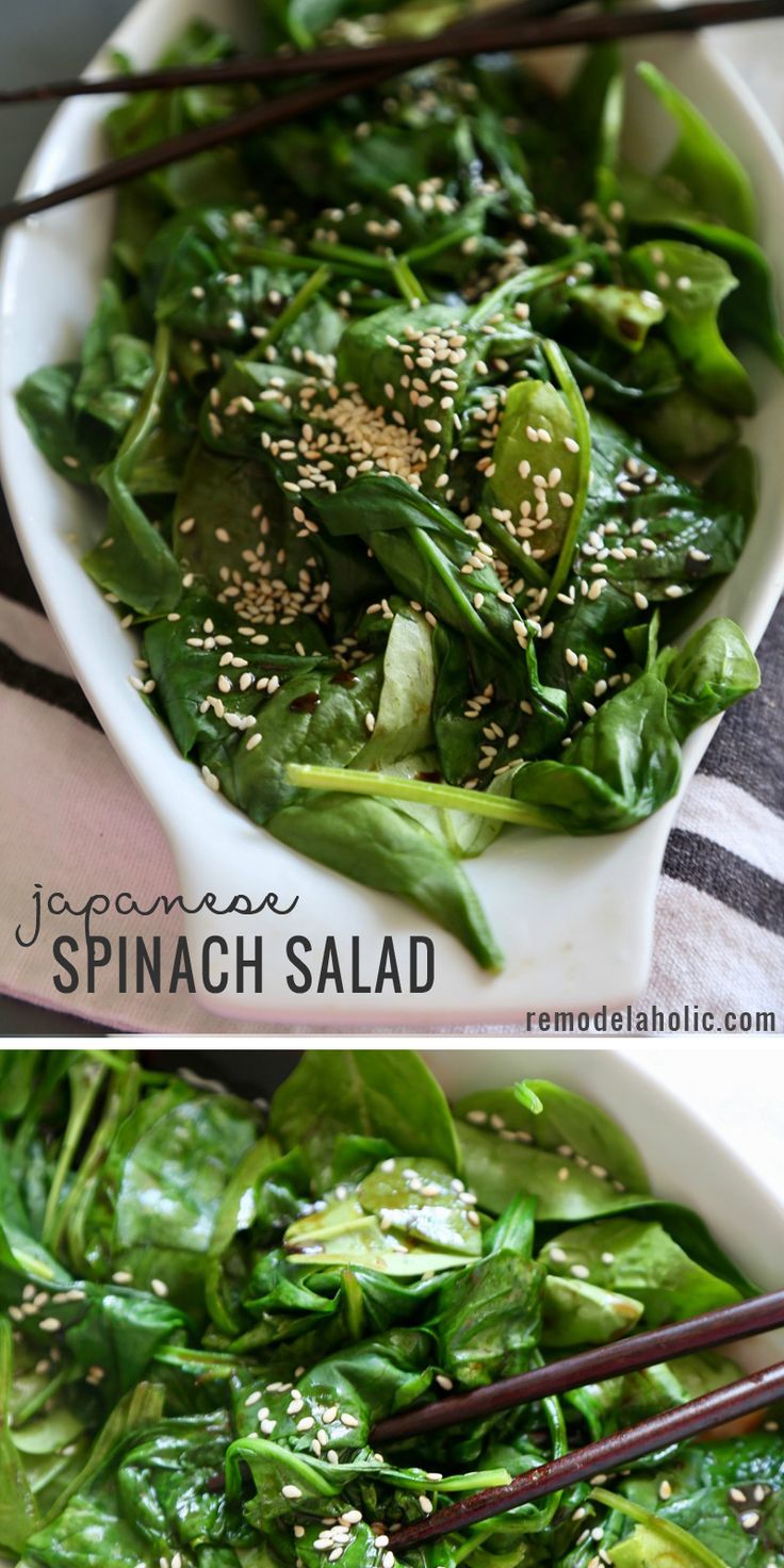 spinach salad with sesame seeds in a white bowl and chopsticks on the side