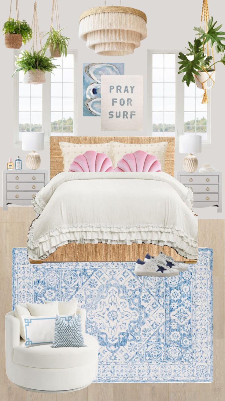 a bedroom with white walls and blue rugs, potted plants on the wall