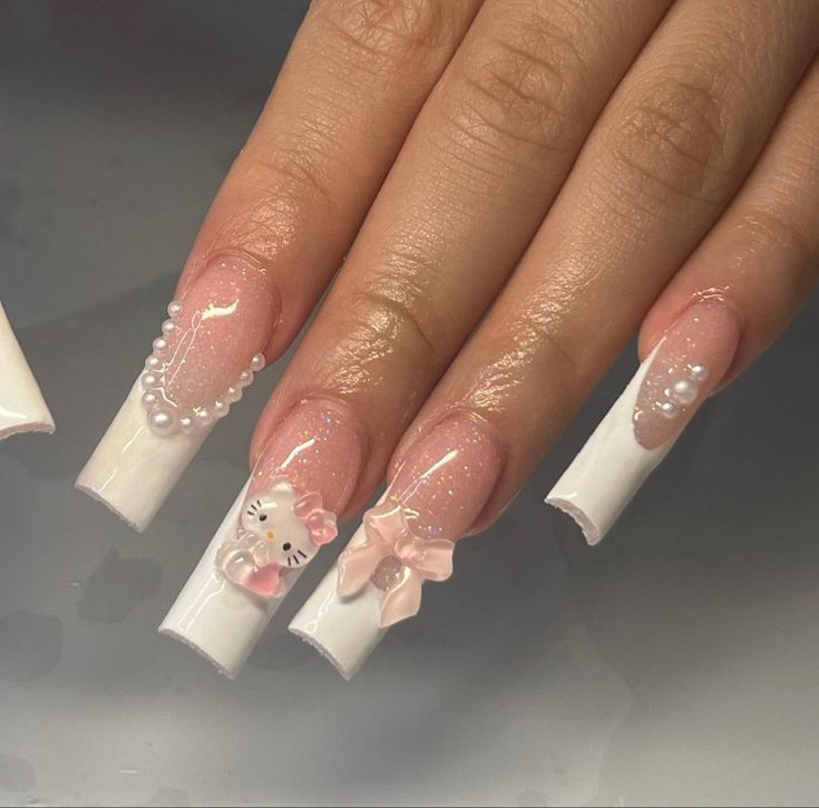 Light Pink Nails Hello Kitty, Light Pink Hello Kitty Nails, Hello Kitty Nails Coffin, Sanrio Charm Nails, Hello Kitty Nails Simple, Hello Kitty Almond Nails, Coquette Acrylic Nails, Nails Acrylic Hello Kitty, Hello Kitty Acrylic Nails