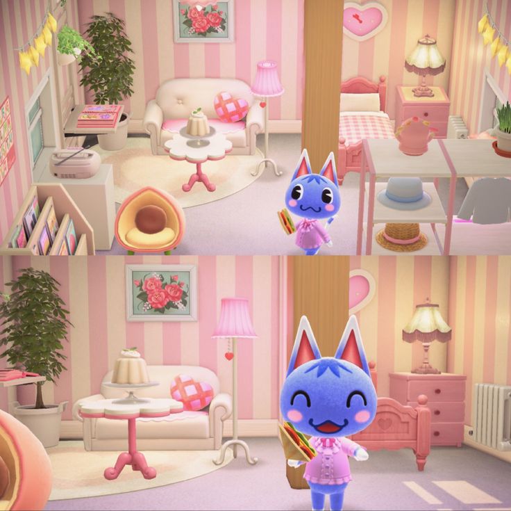 an animated cat is standing in the middle of a room with pink walls and furniture