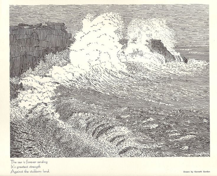 an ink drawing of waves crashing on the rocks in front of a cliff and ocean