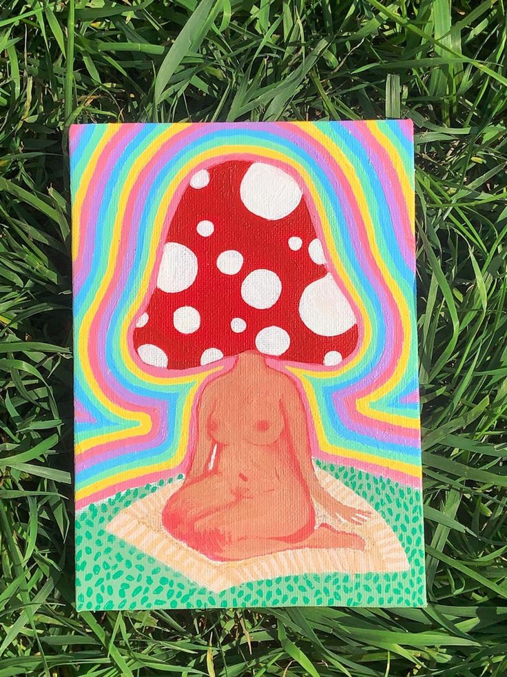 a painting of a mushroom sitting on top of a green field