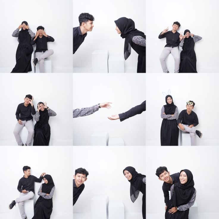 several images of people posing for pictures together with one woman touching the other man's head