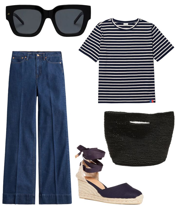 One Piece, Three Ways: Striped Tee – I WANT TO BE HER! Sailor Jeans, Red Ballet Flats, Sailor Jean, Gingham Skirt, Lauren Manoogian, Black Cropped Pants, Stitch Fix Stylist, Crochet Tote, Work Looks