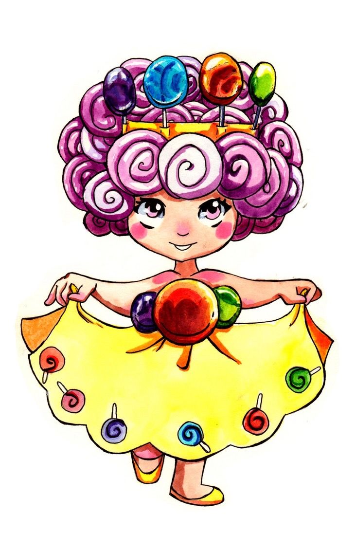 a drawing of a girl with purple hair and balloons on her head, wearing a yellow dress